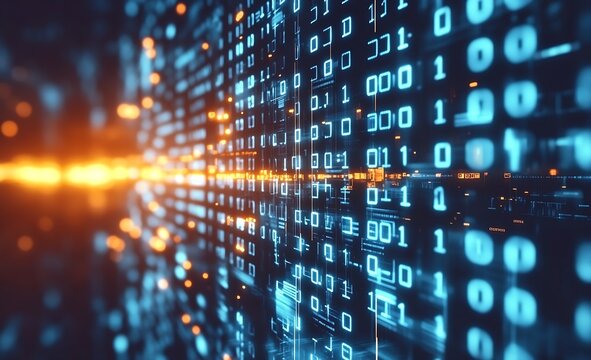 Vibrant digital matrix displaying binary numbers in an abstract tech landscape : Generative AI
