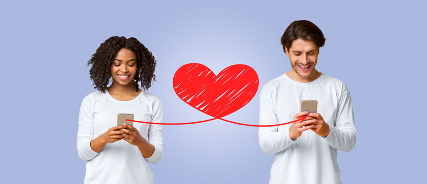 Two individuals express their love by exchanging messages on their smartphones, celebrating Valentine's Day together against a soft background. Their connection is highlighted by a heart illustration.