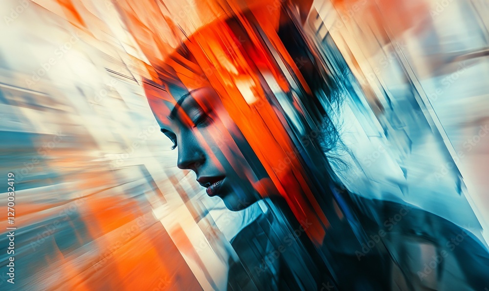Poster a vibrant abstract portrait with dynamic lines and colors.