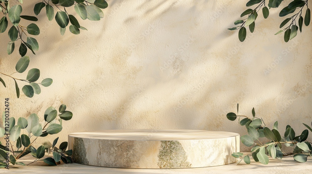 Poster a serene and inviting podium rests in front of a textured, muted wall. delicate greenery frames the 