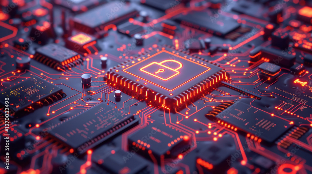 Poster digital circuit board with padlock symbol, representing cybersecurity and data protection. intricate