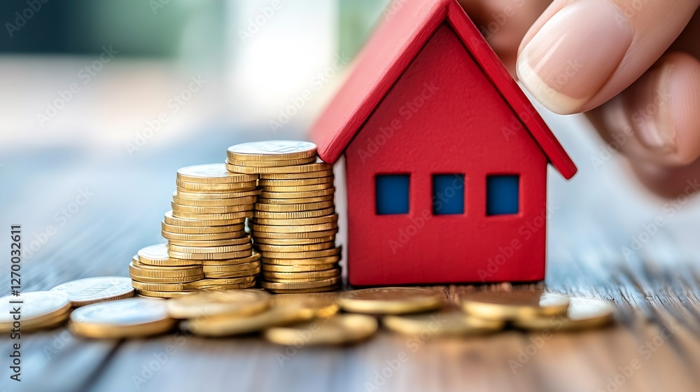 Aufkleber Concept of real estate investment with a miniature house and stacks of coins representing wealth : Generative AI