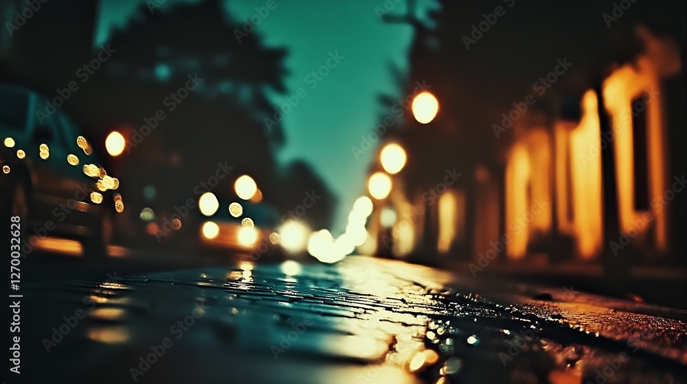 Aufkleber moody nighttime urban landscape with soft light reflections and a wet cobblestone street perspective