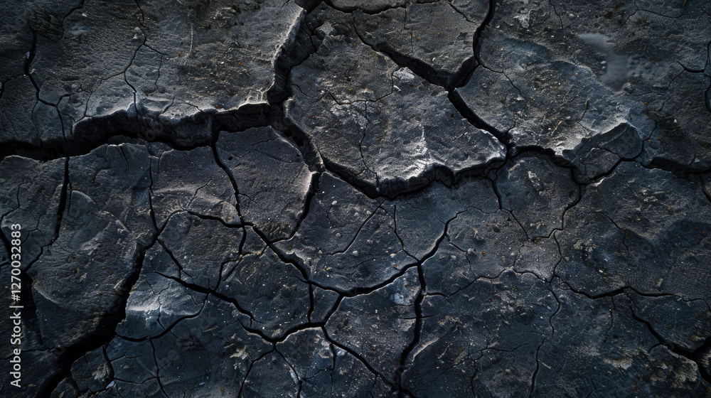 Poster dry cracked earth surface showing texture and patterns of drought. dark tones highlight severity of 
