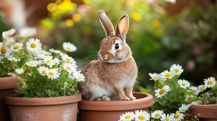 Adorable Brown Rabbit Sitting in Flower Pots Springtime Garden Cute Bunny Daisies Pet Animal Nature Wildlife Photography Easter calm white happy sweet