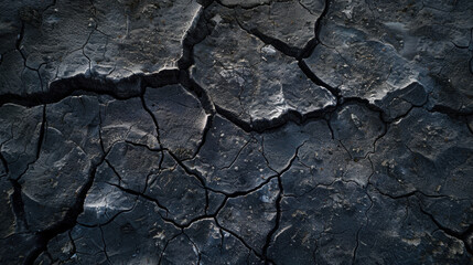 Dry cracked earth surface showing texture and patterns of drought. dark tones highlight severity of land condition, evoking sense of desolation and environmental concern