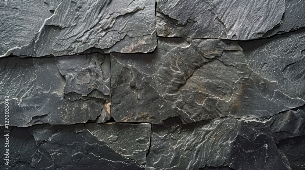 Poster textured slate stone wall with dark gray tones and natural patterns. surface showcases unique layers