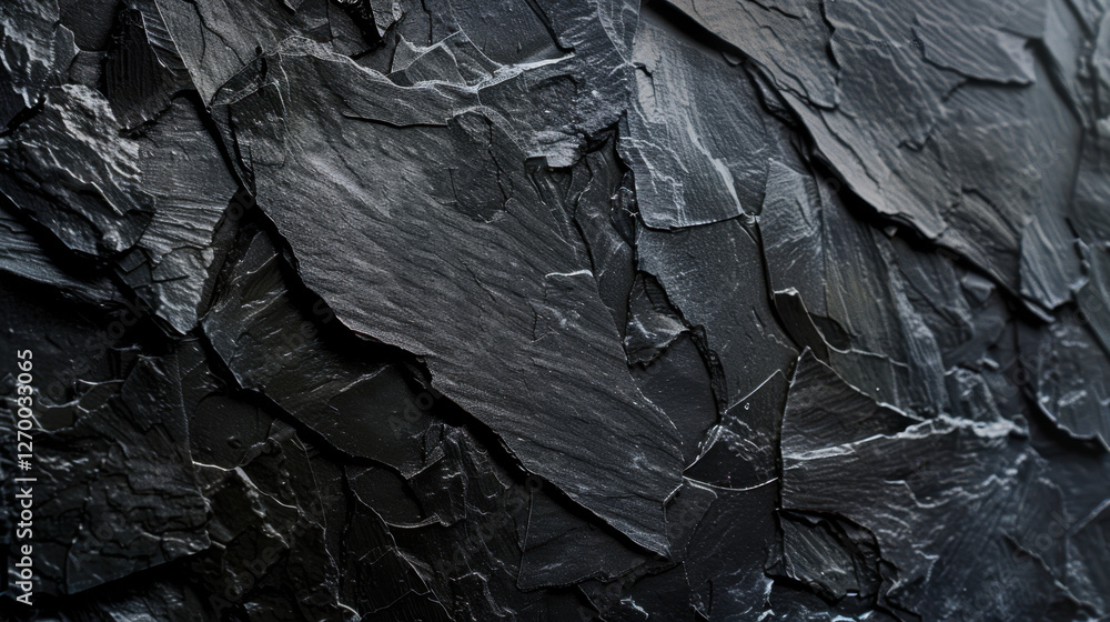 Poster textured black slate surface with layered rock formations, showcasing natural patterns and colors. d