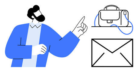 Business professional in blue jacket pointing at briefcase and envelope. Ideal for business, communication, office work, career growth, productivity, organizational skills, professional development