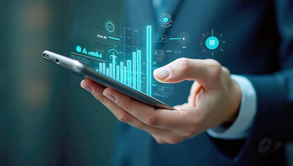 Close-up of a hand holding a smartphone with a digital interface, surrounded by holographic data and futuristic technology symbols