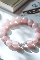 Delicate pink gemstone bracelet featuring a butterfly charm highlighted in soft lighting : Generative AI