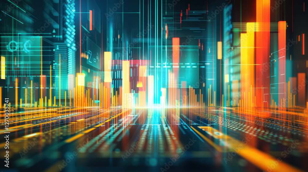 Poster digital cityscape with glowing data visualizations and vibrant colors