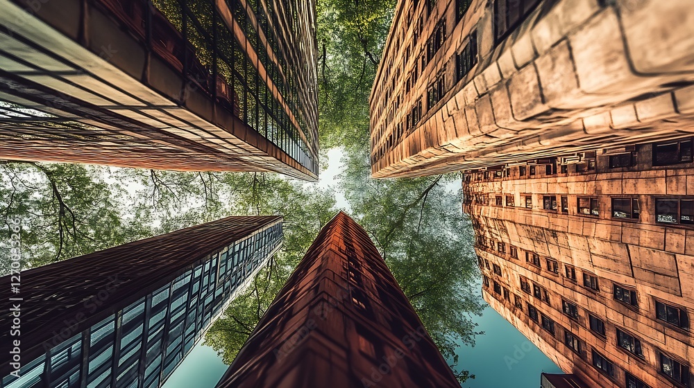 Poster Stunning view of towering skyscrapers surrounded by green trees captured from the ground perspective : Generative AI