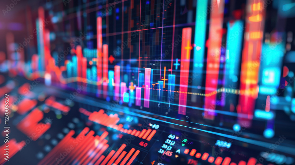 Poster digital financial data visualization with colorful graphs and charts