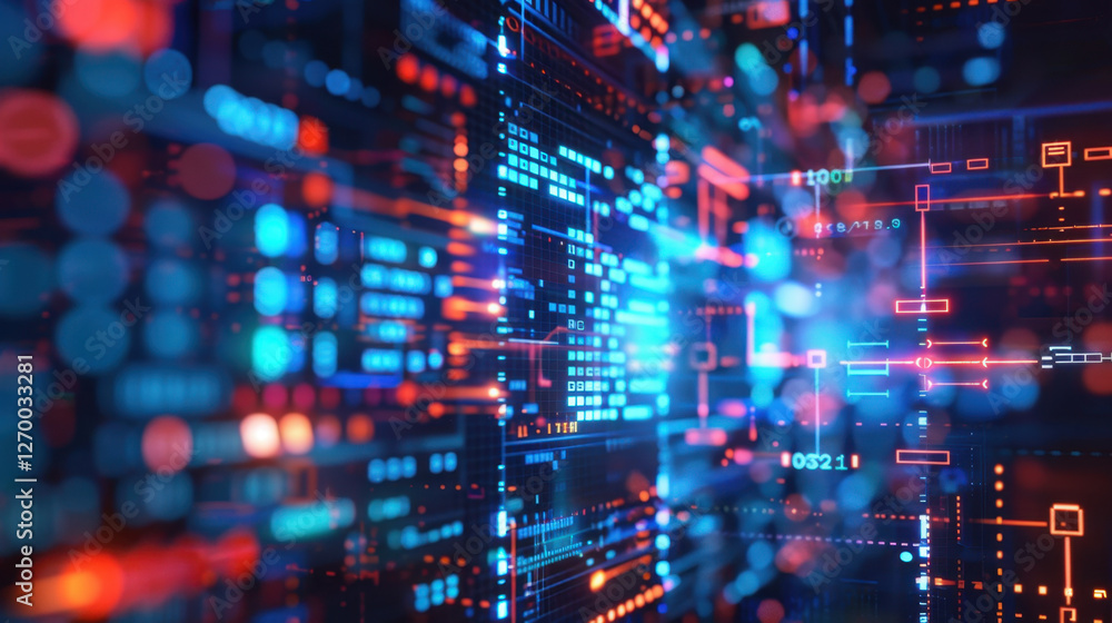 Poster abstract digital background with glowing lines and circuits in blue and red tones, representing tech