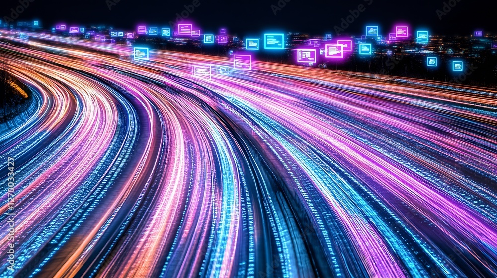 Aufkleber colorful light trails on a winding highway at night with digital displays representing connectivity 