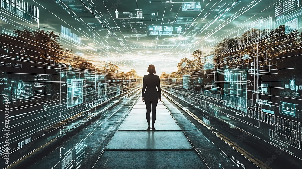 Aufkleber a woman stands on deserted tracks surrounded by flowing digital information depicting the intersecti