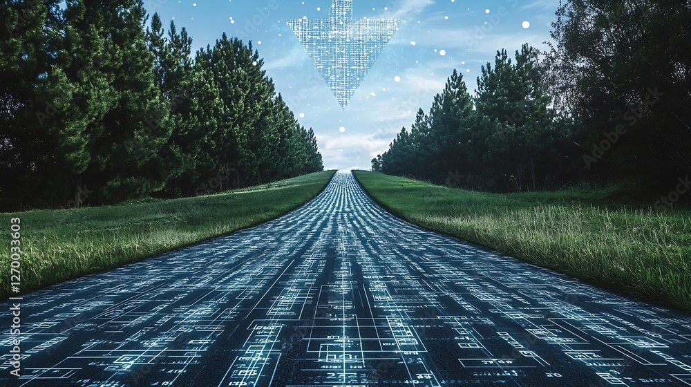 Aufkleber Data driven pathway leading into a lush forest with a blue digital overlay : Generative AI