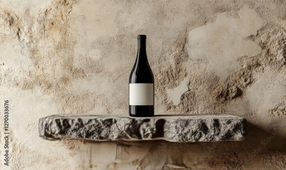 Aufkleber modern wine bottle mockup with a minimalist label displayed on a rustic stone shelf against a textur