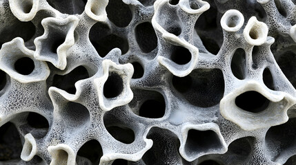 Abstract close-up view of intricate, porous, white and gray rock formations on a beach