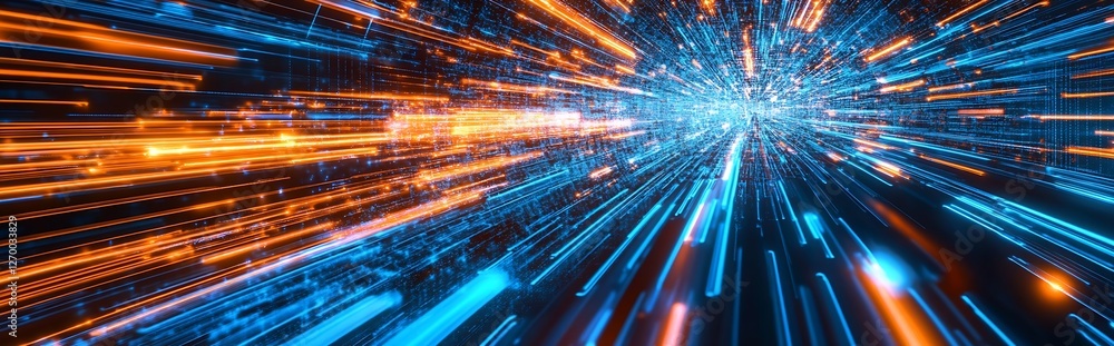 Fototapete Dynamic explosion of blue and orange lights creating a fast moving abstract digital background : Generative AI