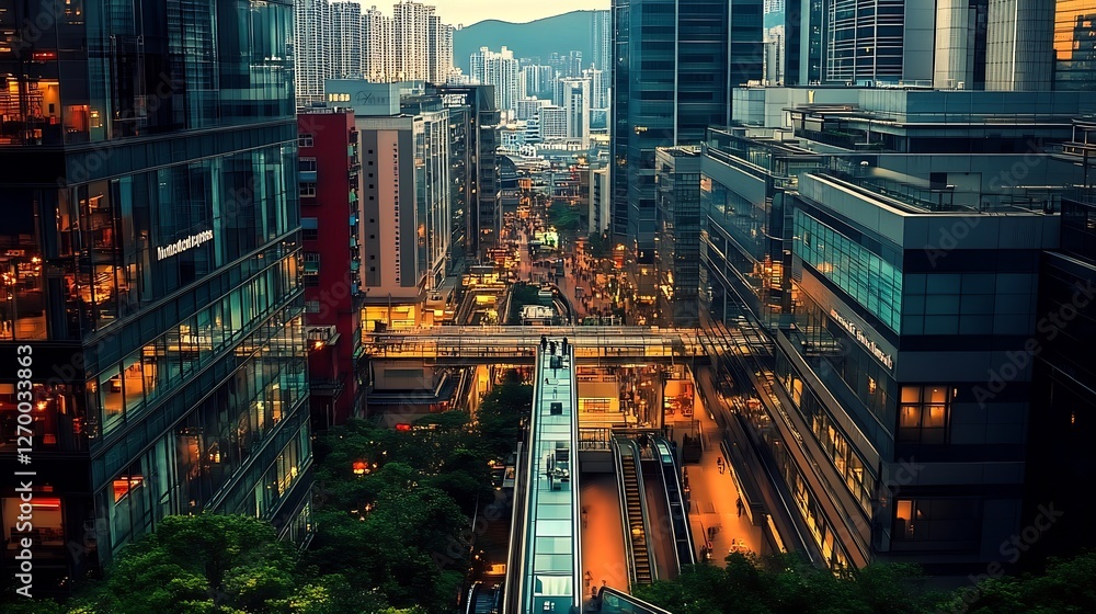 Poster Overhead view of a lively urban environment filled with glowing lights and a maze of buildings and walkways : Generative AI