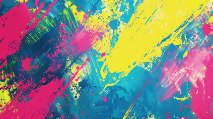 Vibrant abstract painting with bold colors and dynamic brush strokes, featuring pink, yellow, and blue hues that create energetic and lively atmosphere