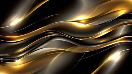 Elegant abstract waves in black and gold, creating luxurious and dynamic visual effect. smooth curves and shimmering highlights evoke sense of sophistication and modernity