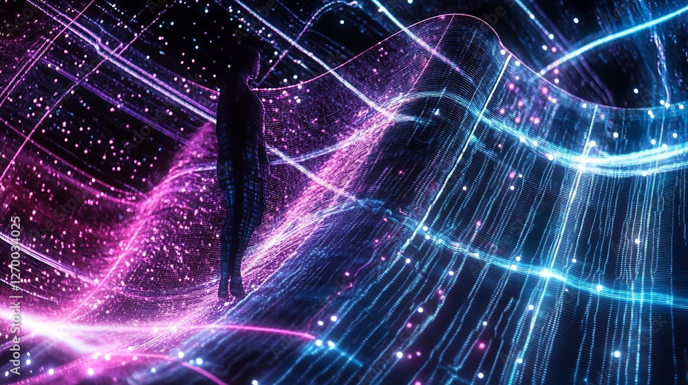 Aufkleber stunning visual of a silhouette standing amidst vivid streams of lights in pink and blue hues creati