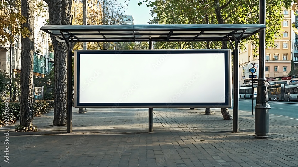Aufkleber tranquil urban bus stop featuring a spacious blank advertisement board surrounded by trees and a pea