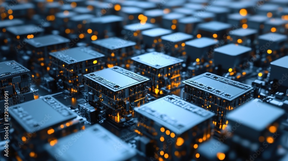 Poster abstract rendering of computer chips and glowing lights on circuit board