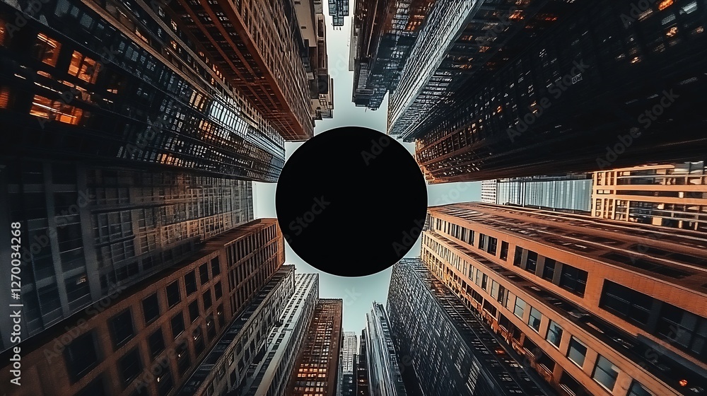 Aufkleber dramatic angle of towering buildings creating a black circle in the skyline reaching for the heavens