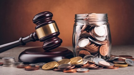 Gavel and jar filled with coins symbolize legal financial matters