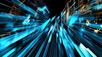 Dynamic futuristic cityscape with glowing blue lights and abstract lines depicting fast movement : Generative AI