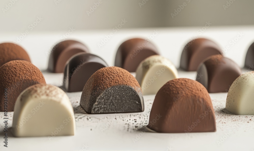 Poster a of chocolates in various shapes and sizes coated in different shades of cocoa powder and filled wi