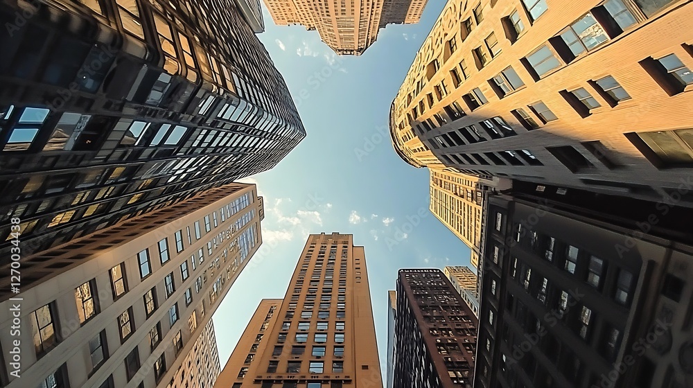 Aufkleber skyscraper heights with clear blue sky and intricate architectural details from below : generative a