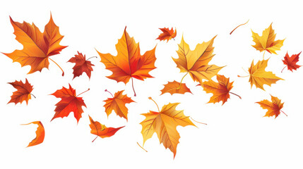 Fototapeta premium Falling autumn leaves in vibrant orange and yellow hues create beautiful seasonal display. leaves vary in shape and size, capturing essence of fall