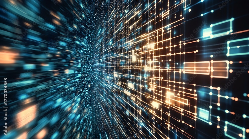 Poster Dynamic technology background with glowing paths of blue and gold light representing digital data flow : Generative AI
