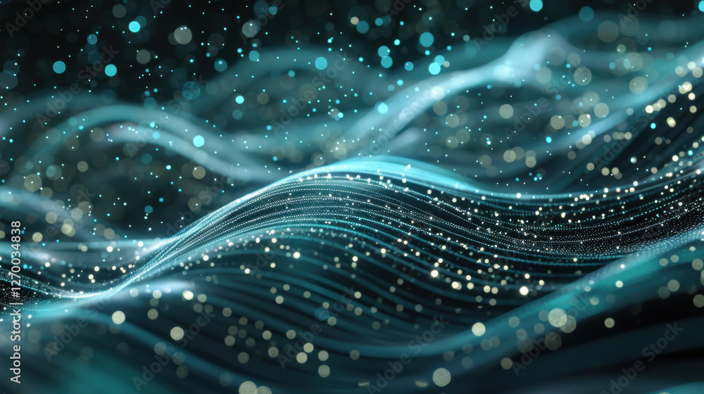 Poster abstract digital waves with glowing particles creating mesmerizing effect. image showcases blend of 