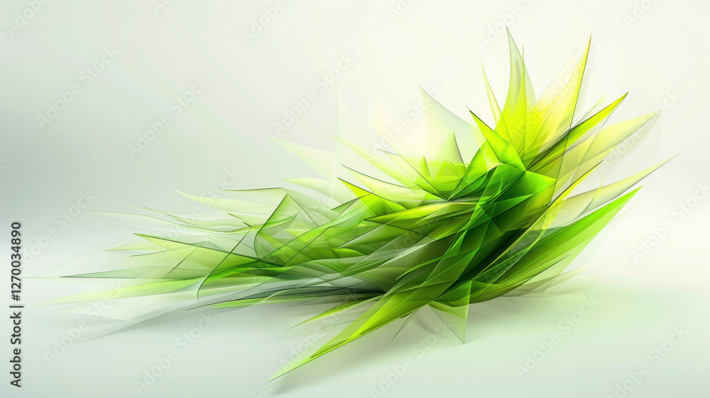 Poster vibrant abstract design featuring sharp, green geometric shapes and layers, creating sense of moveme