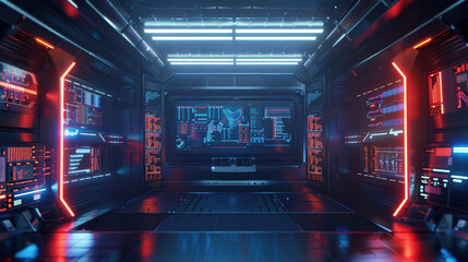 Futuristic sci fi interior with glowing screens and neon lights, showcasing advanced technology and sleek design. atmosphere is immersive and high tech
