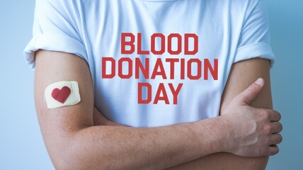 Person supports blood donation day by wearing promotional t shirt
