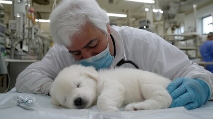 In a warm, modern veterinary clinic, a caring vet examines a sleeping golden retriever puppy, highlighting compassionate pet care with attention to detail.