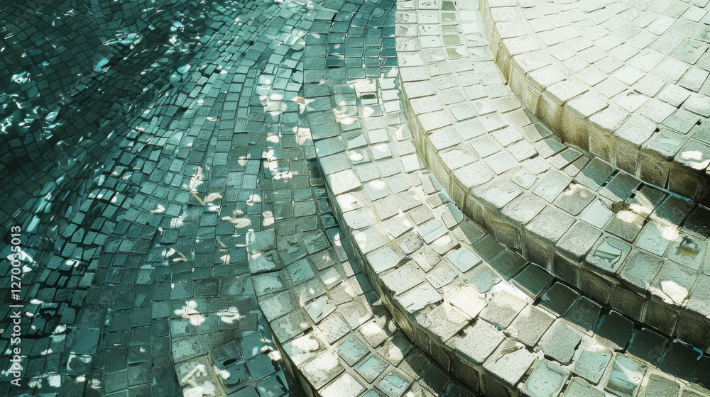 Poster image features serene pool area with textured tiles and gentle reflections of light on water surface