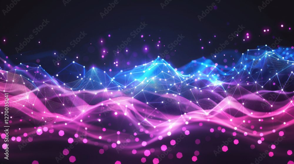 Poster abstract digital wave with glowing particles in blue and pink colors, creating vibrant and dynamic v