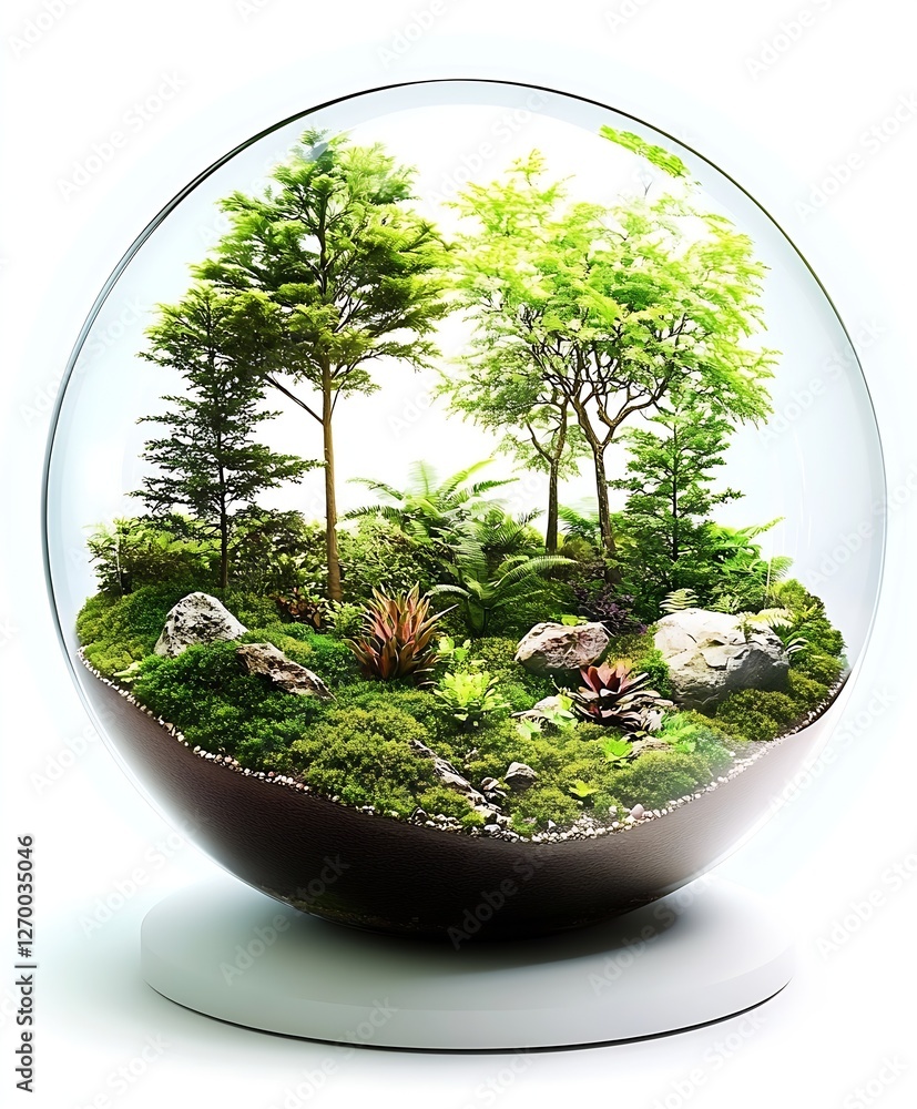 Poster Lush and vibrant glass terrarium displaying an array of plants rocks and artistic arrangements : Generative AI