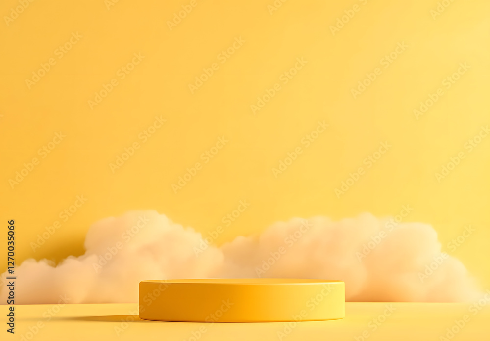Aufkleber a yellow podium or platform against a soft yellow background with fluffy white clouds