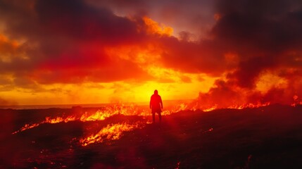 A Solitary Figure Amidst Fiery Horizons and Smoky Skies
