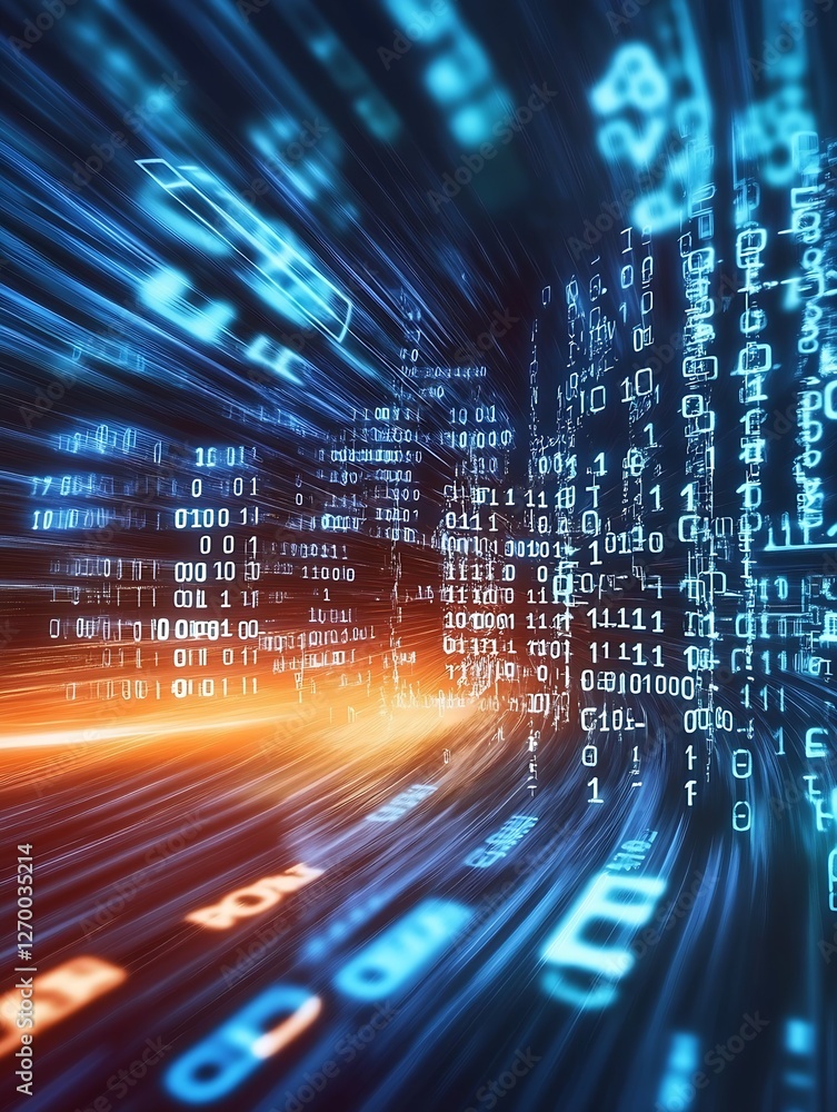 Fototapete Futuristic digital backdrop with glowing binary numbers cascading in a high-speed movement : Generative AI