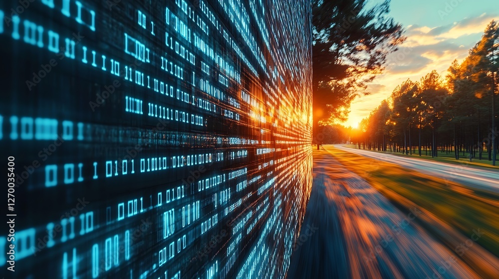 Poster vivid sunset highlighting a pathway lined with binary code for a futuristic touch : generative ai